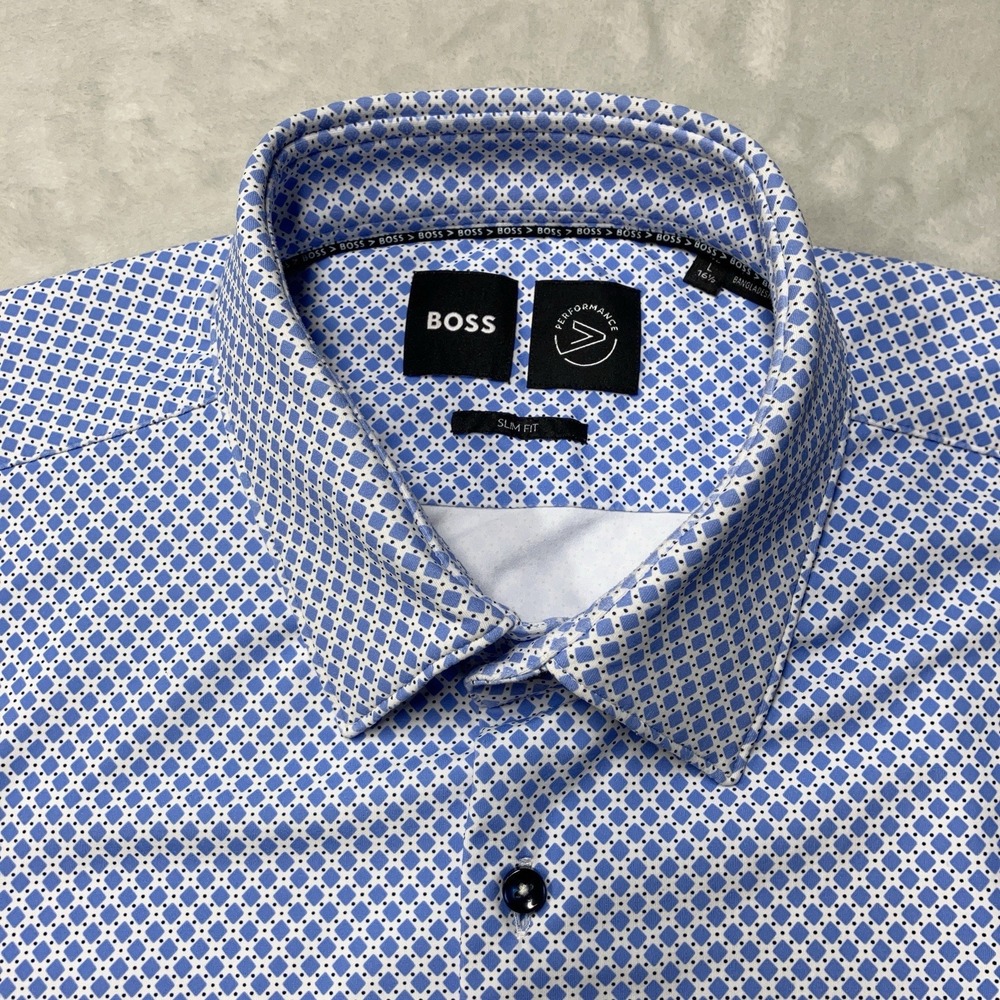 Hugo Boss Performance Shirt Men L Hank Kent Blue Geometric Slim Fit Long Sleeve